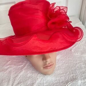 Fancy Red Organza Wide Brim Hat Women 57cm Wavy Floral Red Kentucky Derby Church